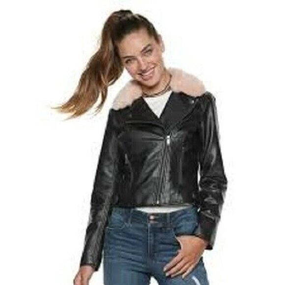 Candies Motorcycle Jacket Black Faux Leather Removable Pink Fur Collar XL - Picture 1 of 7